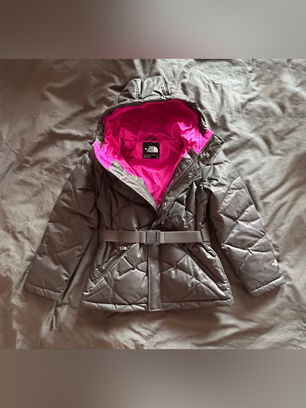 The North Face Kids' Quilted Hooded Puffer Jacket - Gray with Pink Lining